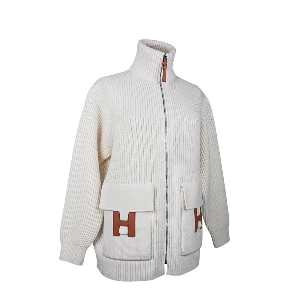 Hermes zip-up wool jacket with brown leather Iconic H
